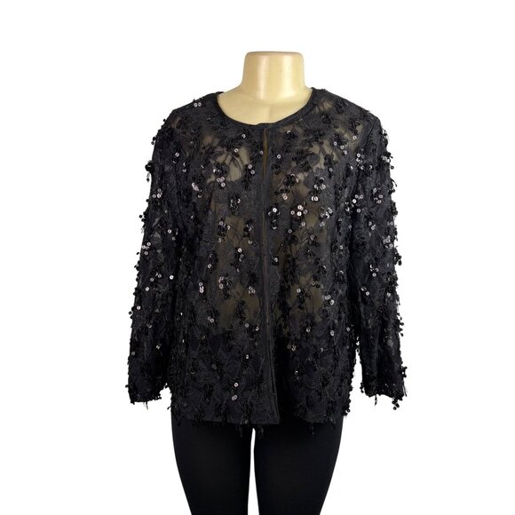 Chicos Womens Black Embroidered Sheer Jacket Sequins Details Sz 3 - Picture 1 of 10